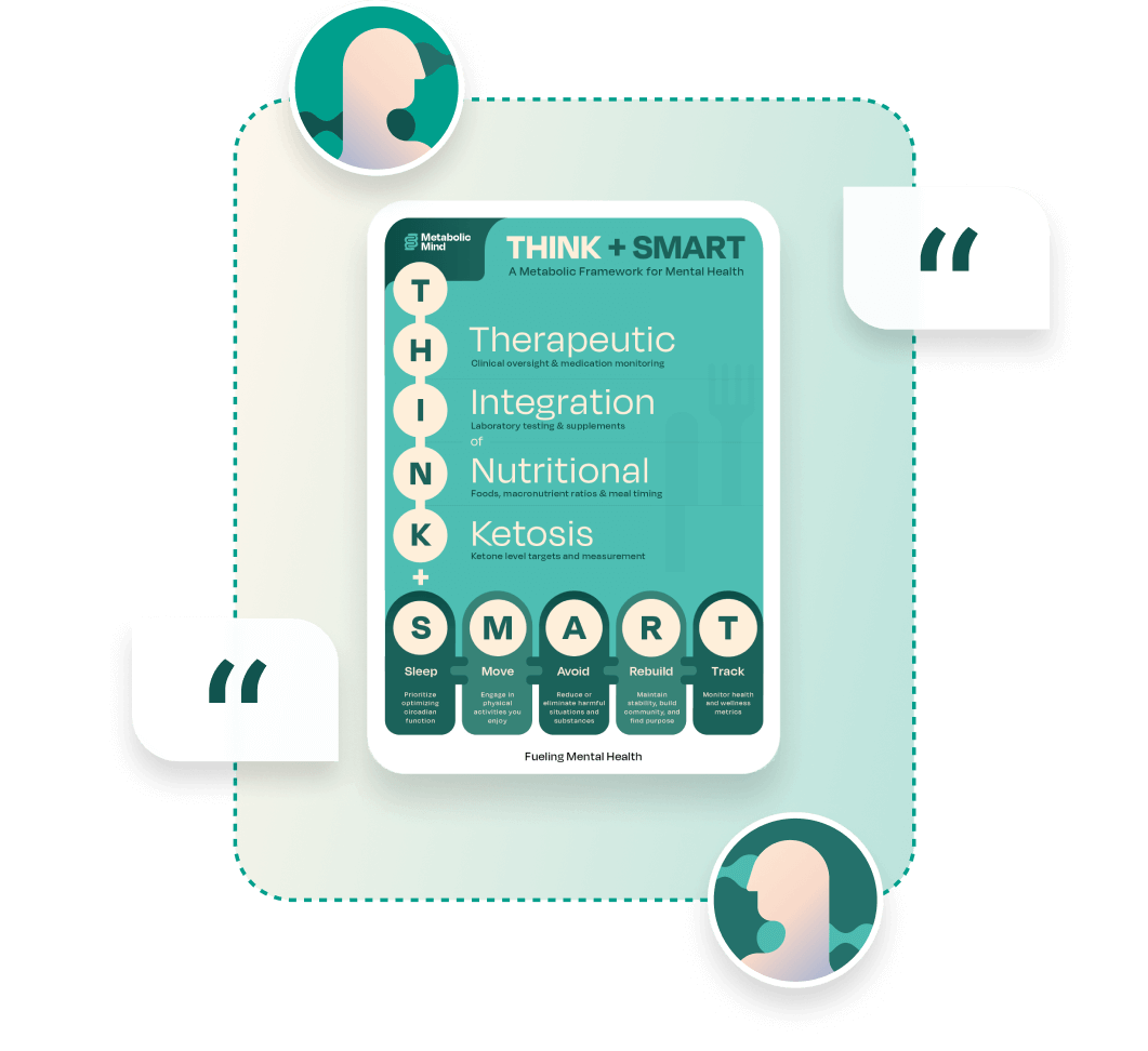 Infographic illustrating the connection between metabolic health and brain function, highlighting key factors like nutrition, mitochondria, and mental clarity.
