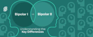 Graphic comparing Bipolar I and Bipolar II using two overlapping head silhouettes in a Venn diagram format. The title reads 'Understanding the Key Differences.' The left side is labeled 'Bipolar I,' the right side 'Bipolar II,' with 'vs' in the center overlap. Background includes repeated icons of heads with lightning bolts in them, suggesting mental or neurological activity.