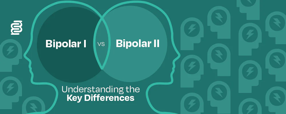Graphic comparing Bipolar I and Bipolar II using two overlapping head silhouettes in a Venn diagram format. The title reads 'Understanding the Key Differences.' The left side is labeled 'Bipolar I,' the right side 'Bipolar II,' with 'vs' in the center overlap. Background includes repeated icons of heads with lightning bolts in them, suggesting mental or neurological activity.