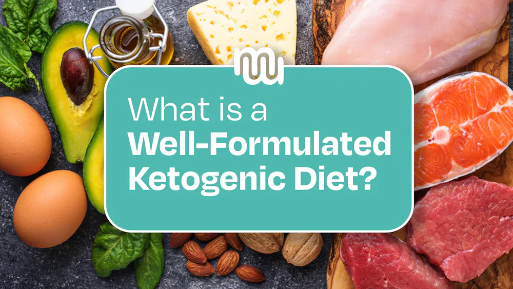 A graphic titled "What is a Well-Formulated Ketogenic Diet?" set against a background of whole foods including eggs, avocado, olive oil, spinach, almonds, walnuts, cheese, raw chicken breast, salmon, and red meat—ingredients commonly used in ketogenic diets.